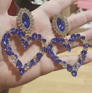 Big Blue Rhinestone Heart Earrings